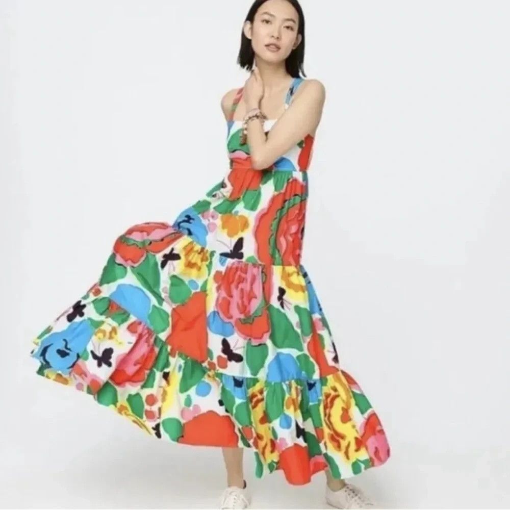 J.Crew Tiered Cotton Poplin Maxi Dress Colorful Floral Cross-Back Sundress Sz M